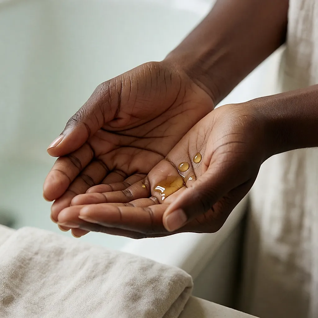 Manos de mujer negra calentando unas gotas de aceite dorado entre las palmas