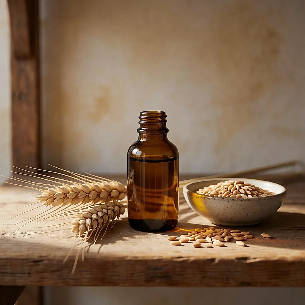 Frasco de aceite de germen de trigo con espigas y granos en un cuenco de cerámica