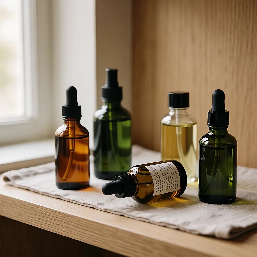 Botellas de aceite cosmético con etiquetas densas de ingredientes sobre una repisa de madera