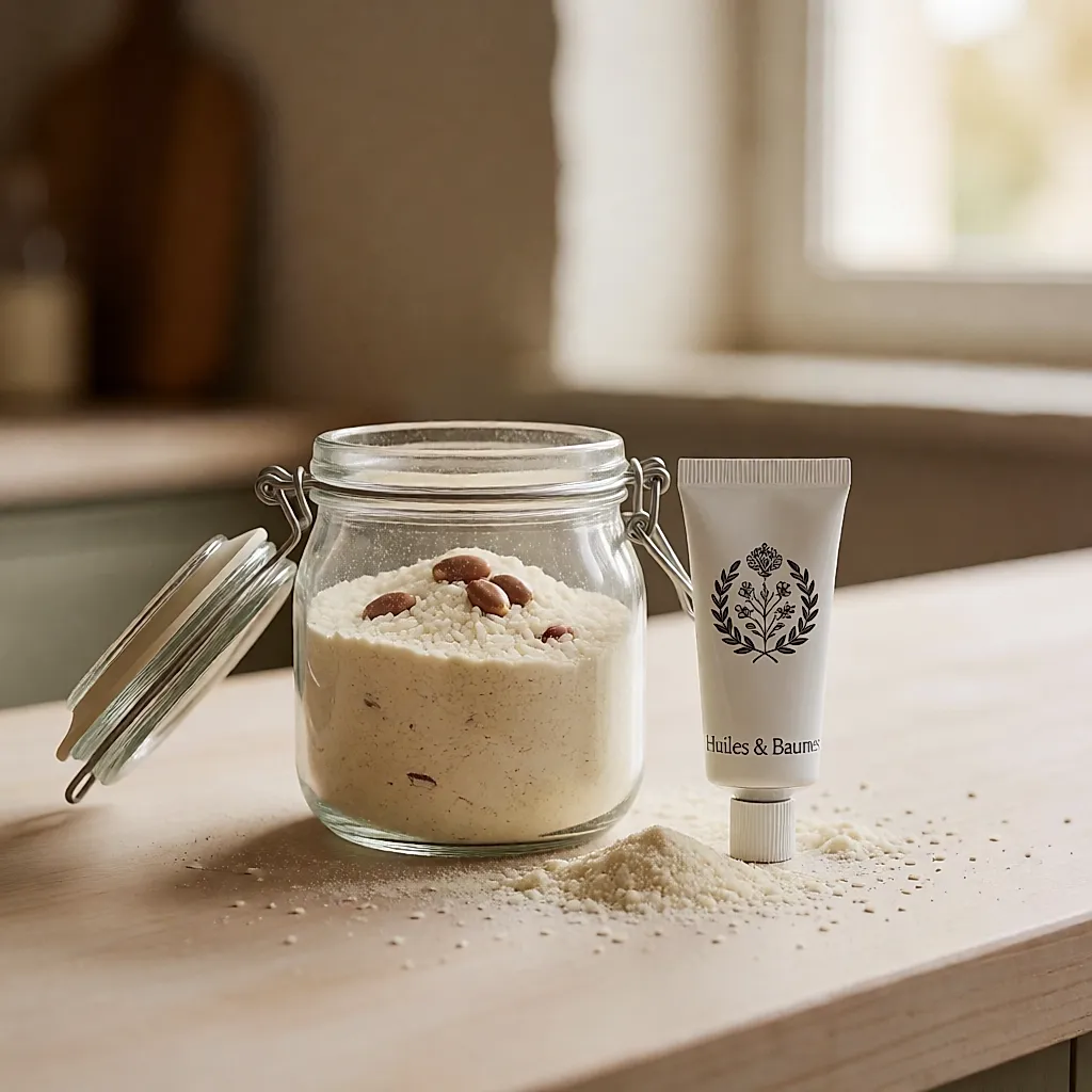 Tarro de vidrio con polvo de arroz y argán junto a un tubo blanco de la marca