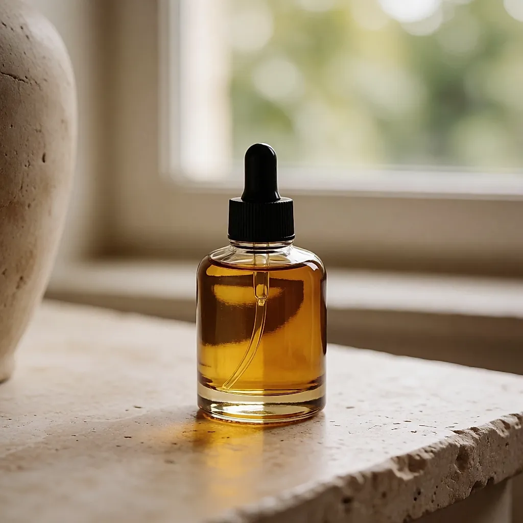 Frasco ámbar de aceite-sérum facial con cuentagotas sobre una repisa de piedra