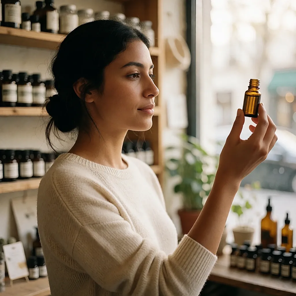 Mujer leyendo la etiqueta de un frasco de aceite esencial en una herboristería