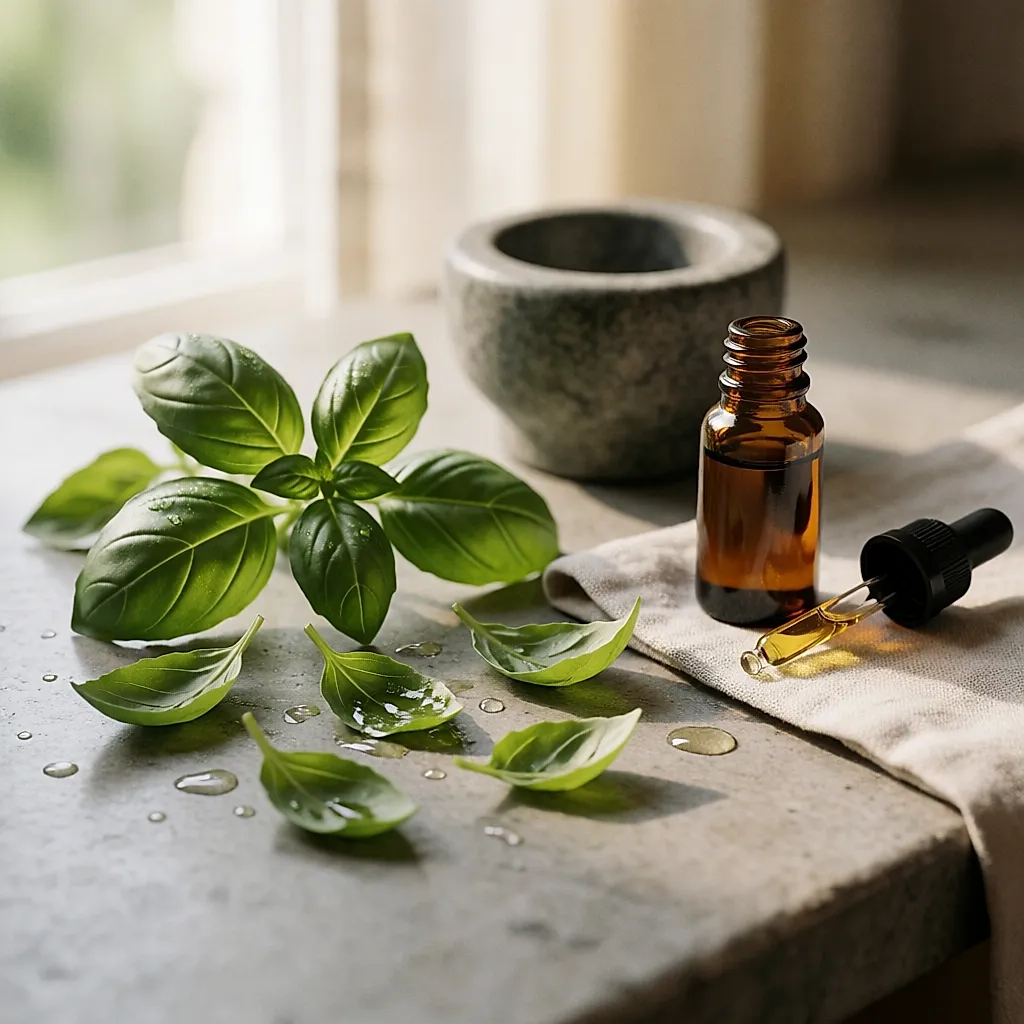 Hojas frescas de albahaca junto a un frasco pequeño de aceite esencial