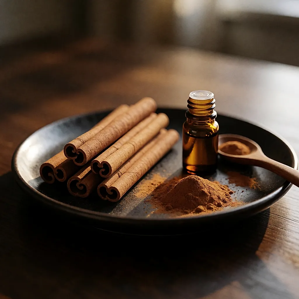 Palos de canela y canela molida junto a un frasco de aceite esencial