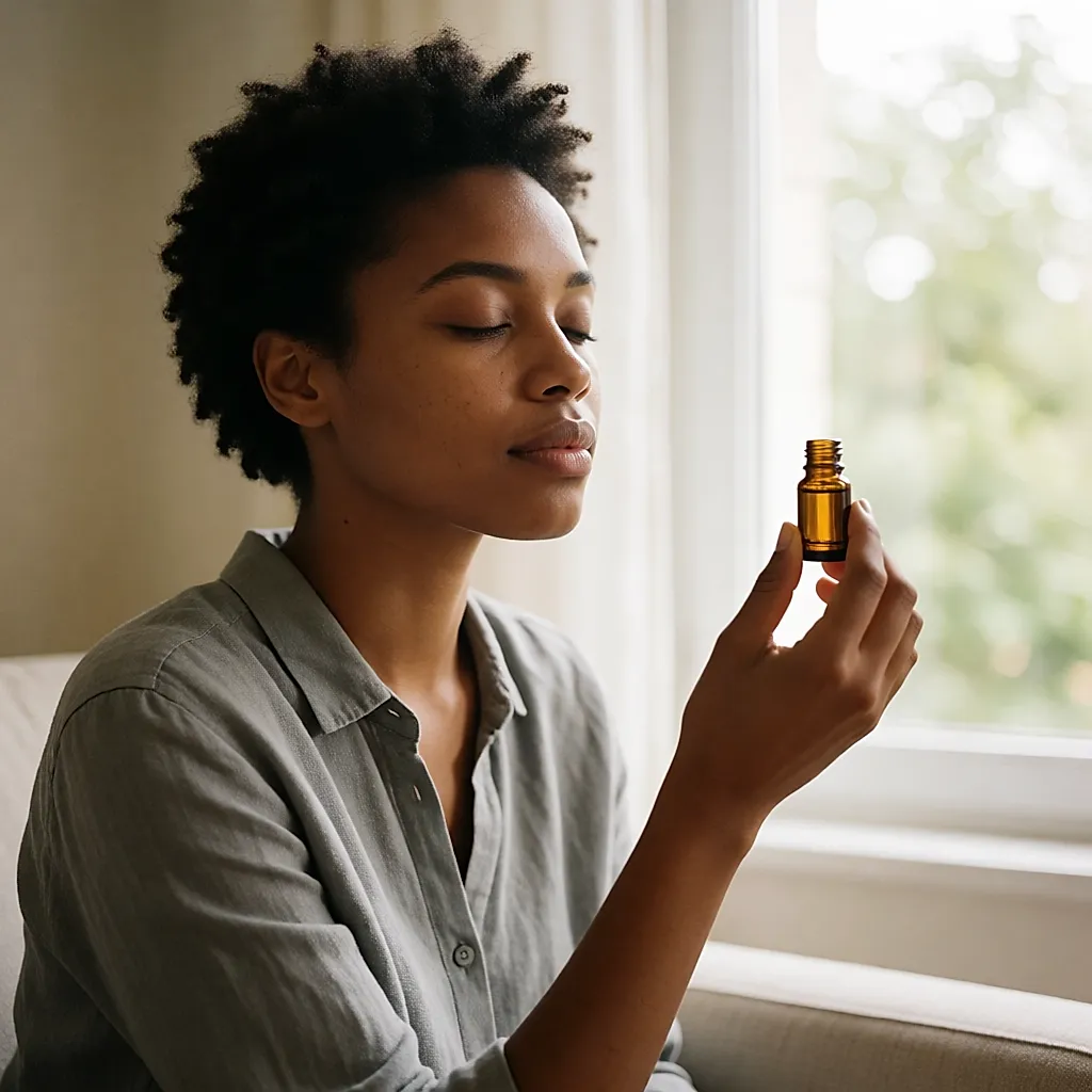 Mujer inhalando el aroma de un frasco de aceite esencial de lavanda