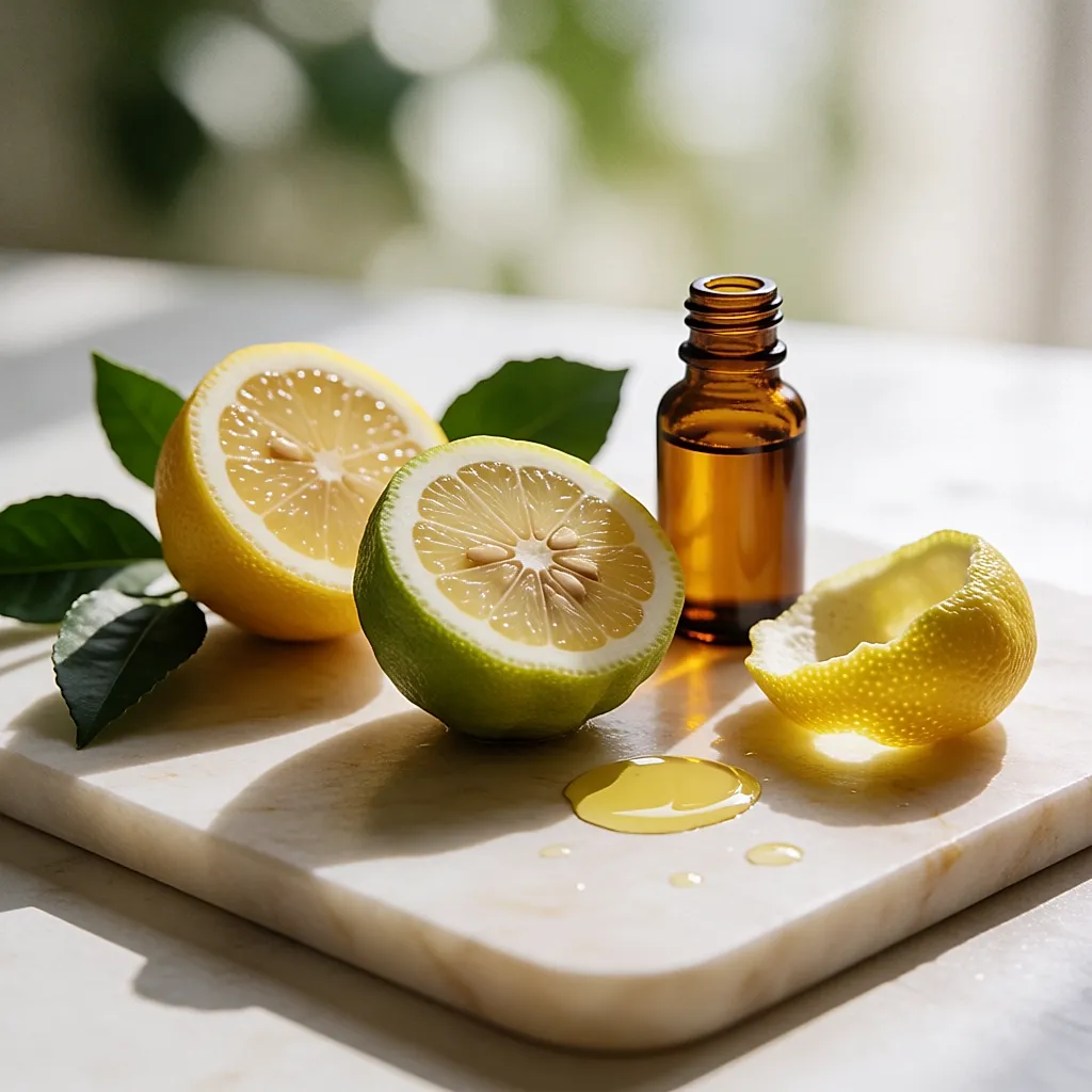 Limón y bergamota cortados junto a un frasco de aceite esencial cítrico