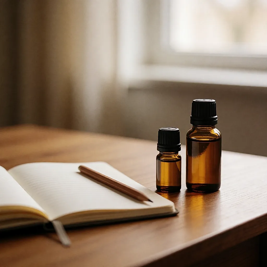 Dos frascos de aceite esencial de 5 y 10 ml sobre una mesa de madera