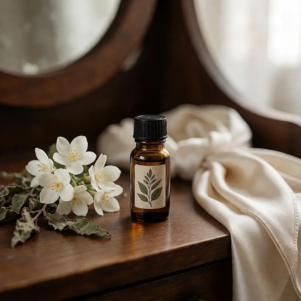 Frasco de aceite de pachulí, flores de jazmín y hojas secas sobre una mesa de tocador de madera