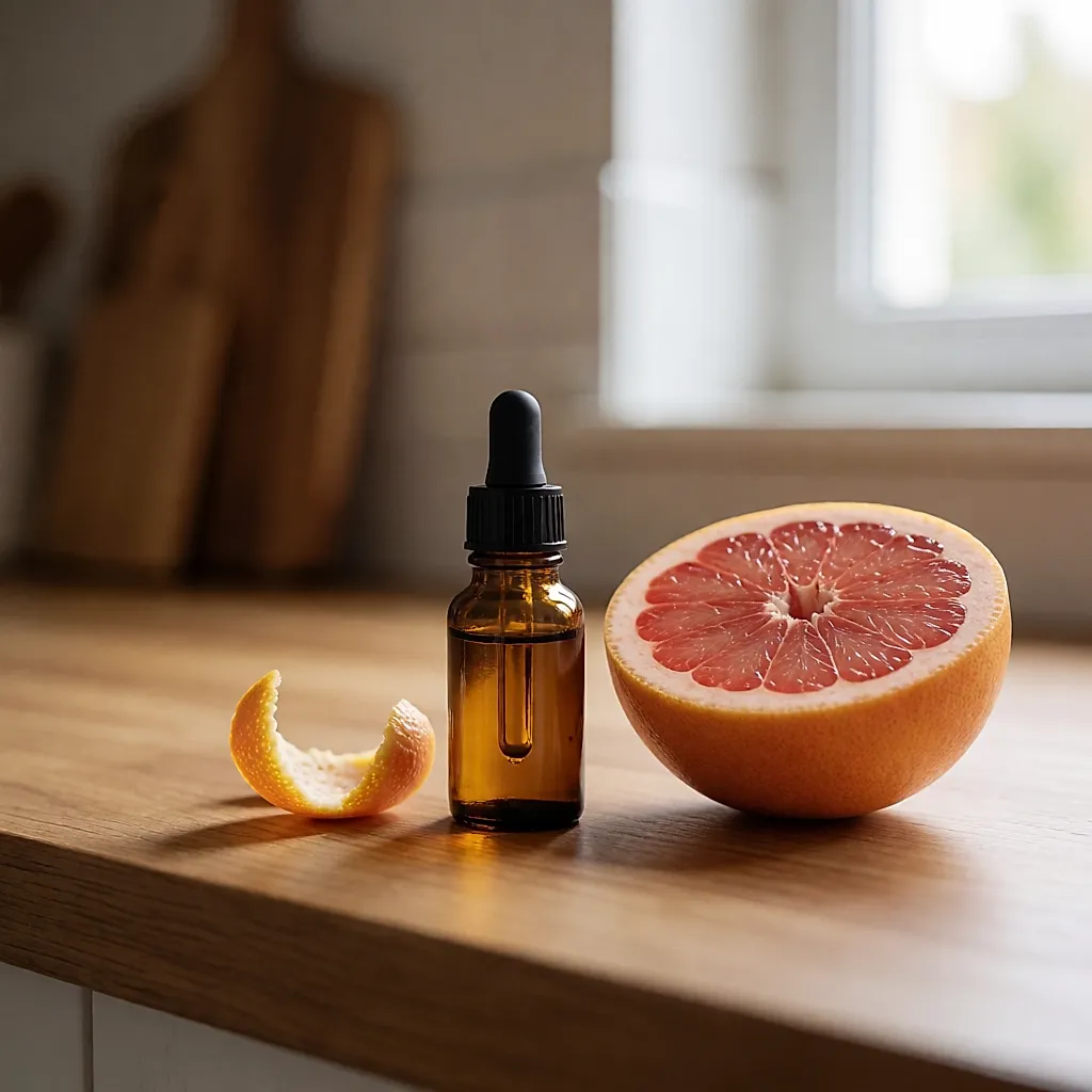 Frasco de aceite esencial de pomelo con medio pomelo y su piel