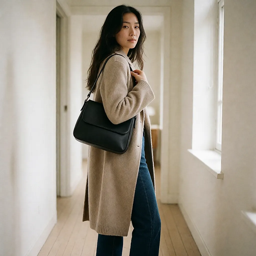Le sac porté à l'épaule, bandoulière réglée court, vu de trois quarts