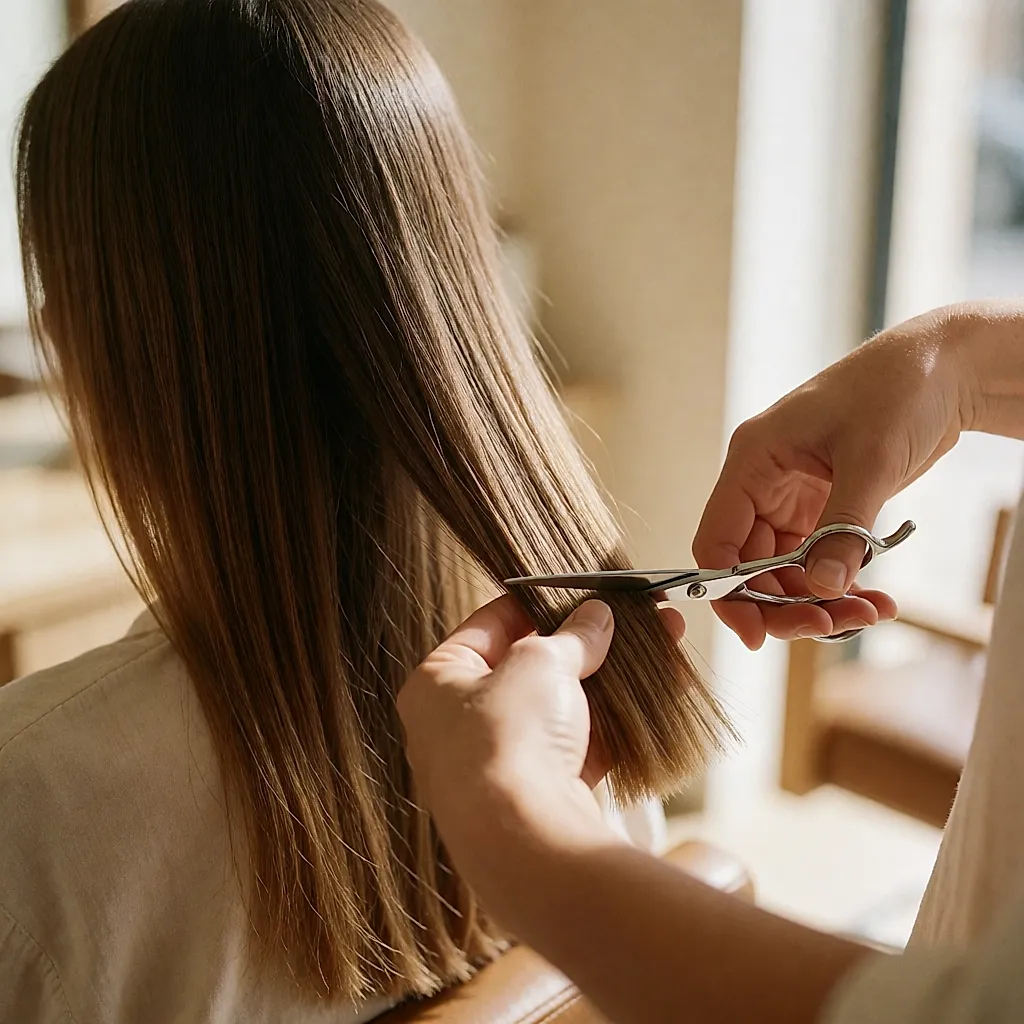Spitzen einer langen Haarmähne werden mit einer Friseurschere geschnitten