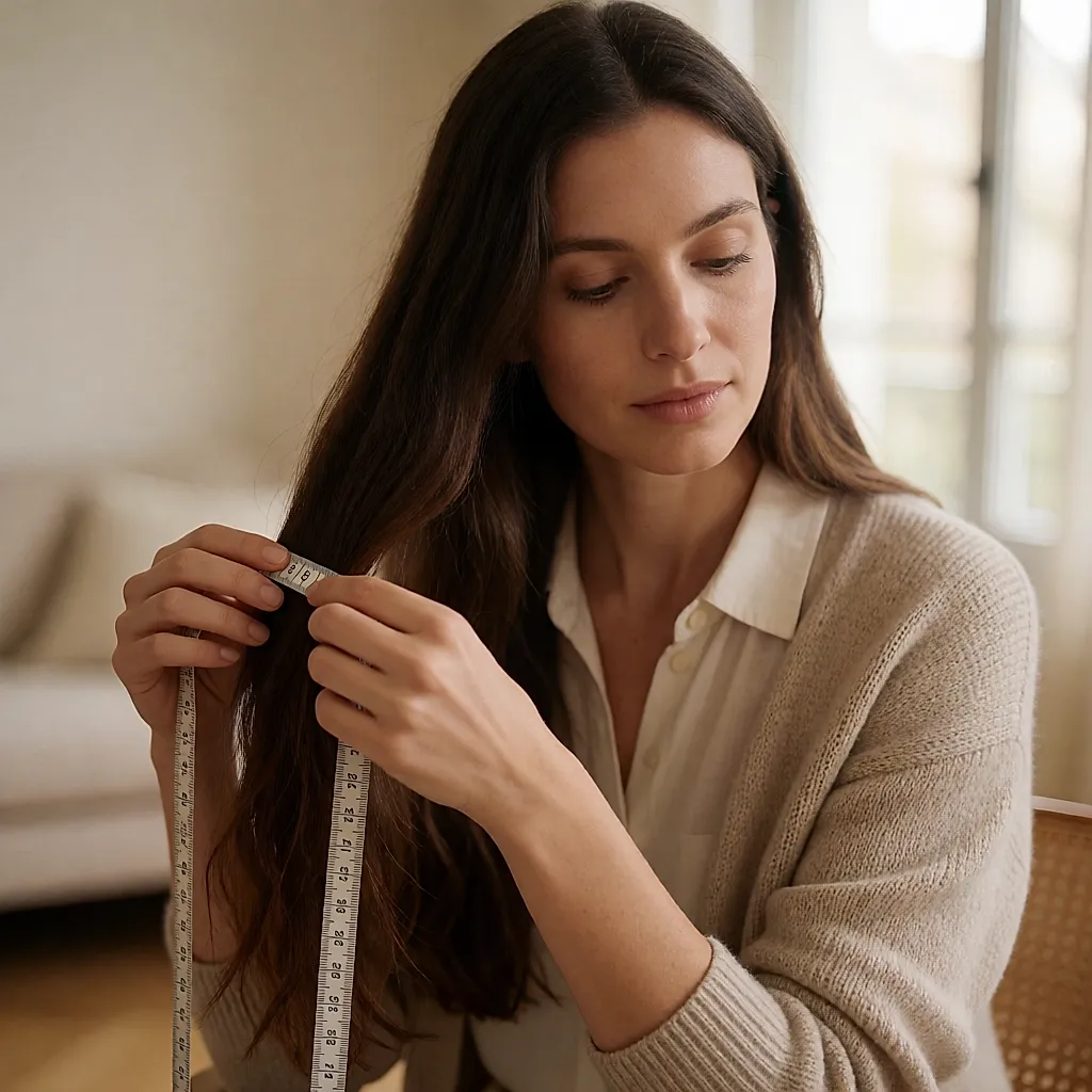 Eine Frau misst die Länge ihres langen Haares mit einem Maßband