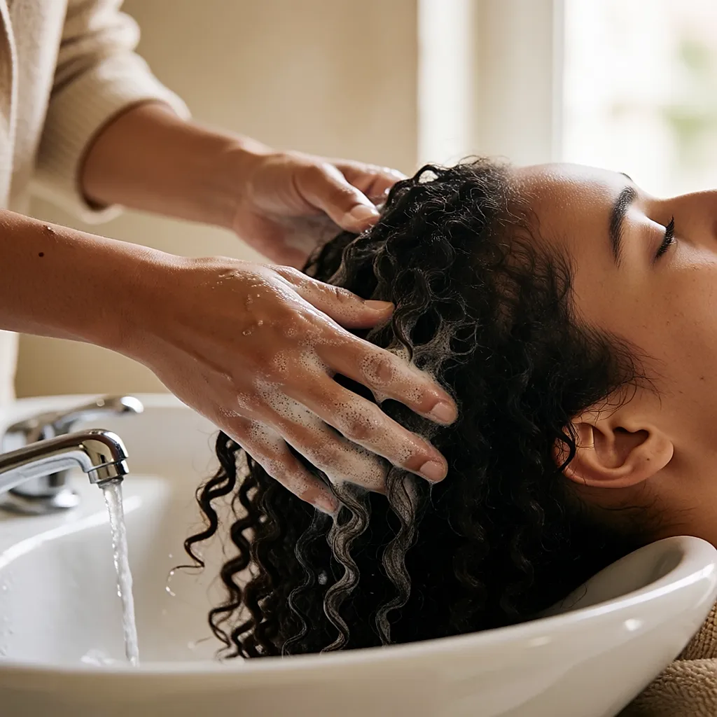 Kopfhautmassage mit Shampoo in lockigem Haar über einem Waschbecken