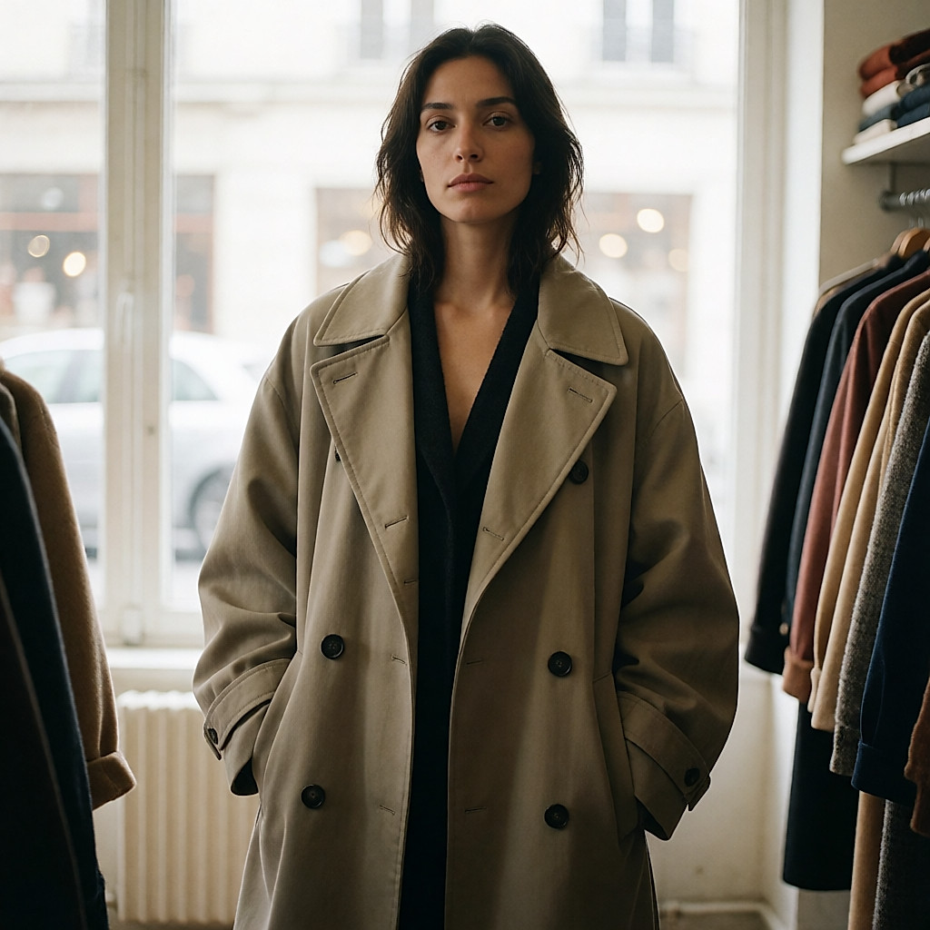 Mann mit gemischten Wurzeln, der in einem hellen Secondhand-Laden einen oversize Wollmantel anprobiert