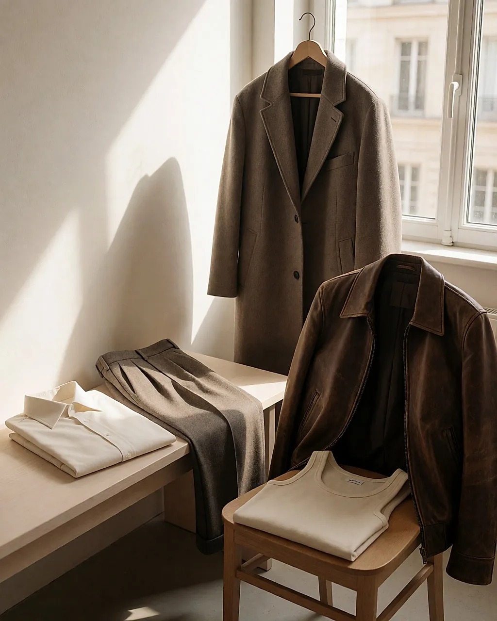 Herren-Tailoring-Stücke auf einer Holzbank: Hemd, Wollhose, Mantel und Bikerjacke