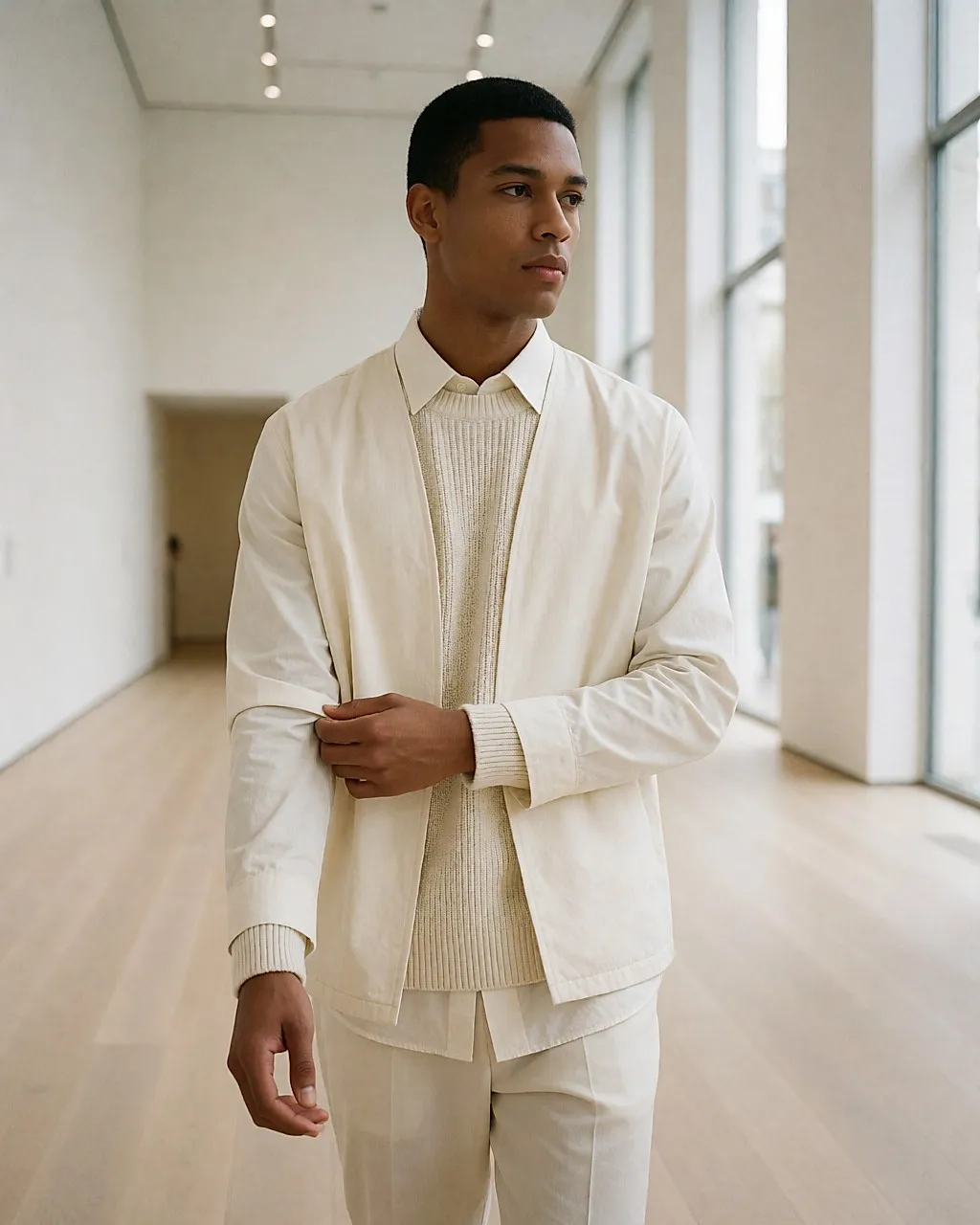 Hombre joven con conjunto crema superpuesto: camisa fina, punto y chaqueta recta, galería luminosa
