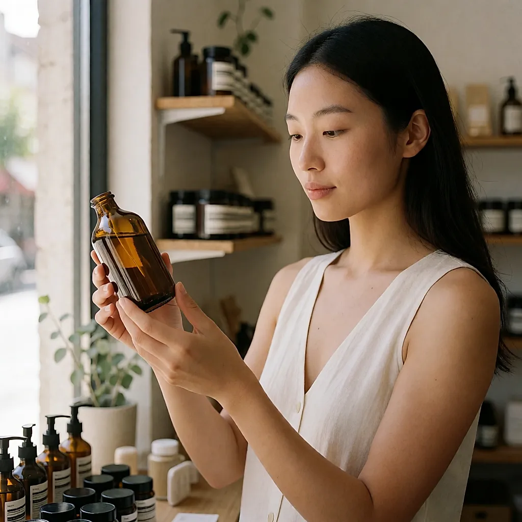 Jeune femme lisant l'étiquette d'un flacon de verre dans une boutique de cosmétiques naturels