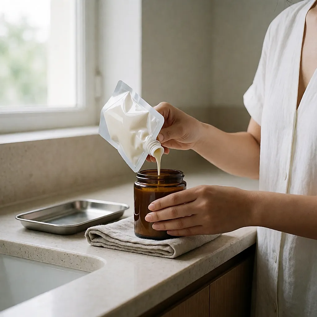 Mains versant une crème d'une recharge souple dans un pot en verre propre