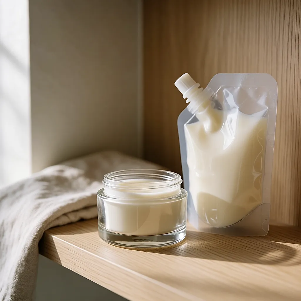 Mãos a verter um creme de uma recarga flexível para um pote de vidro limpo