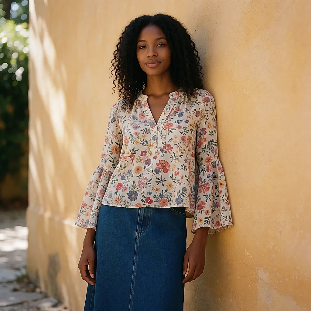 Blusa bohème com estampado floral e mangas sino, usada à frente de um muro ocre