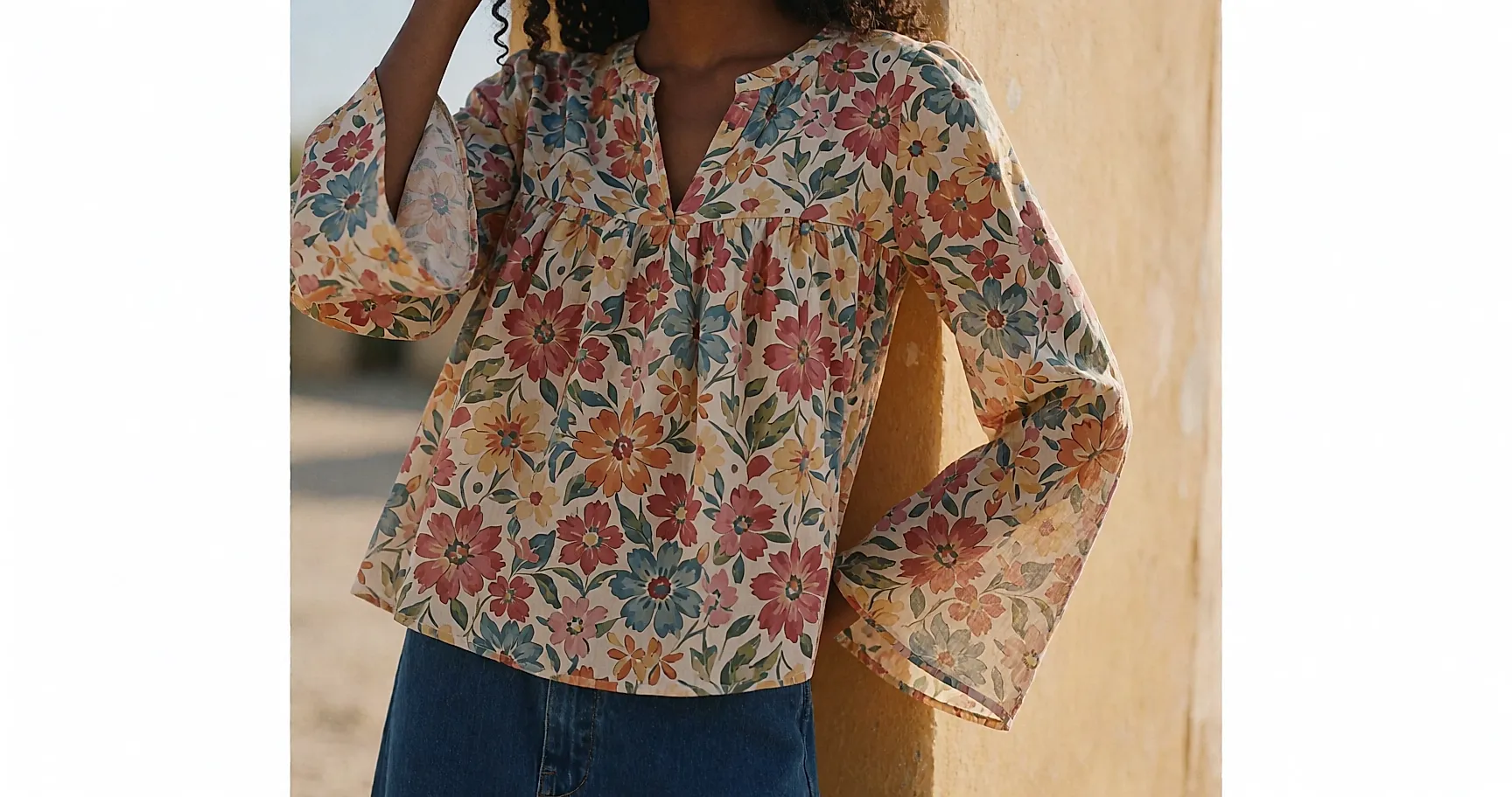 Boho-Bluse mit Blumenmuster und Glockenärmeln vor einer ockerfarbenen Wand