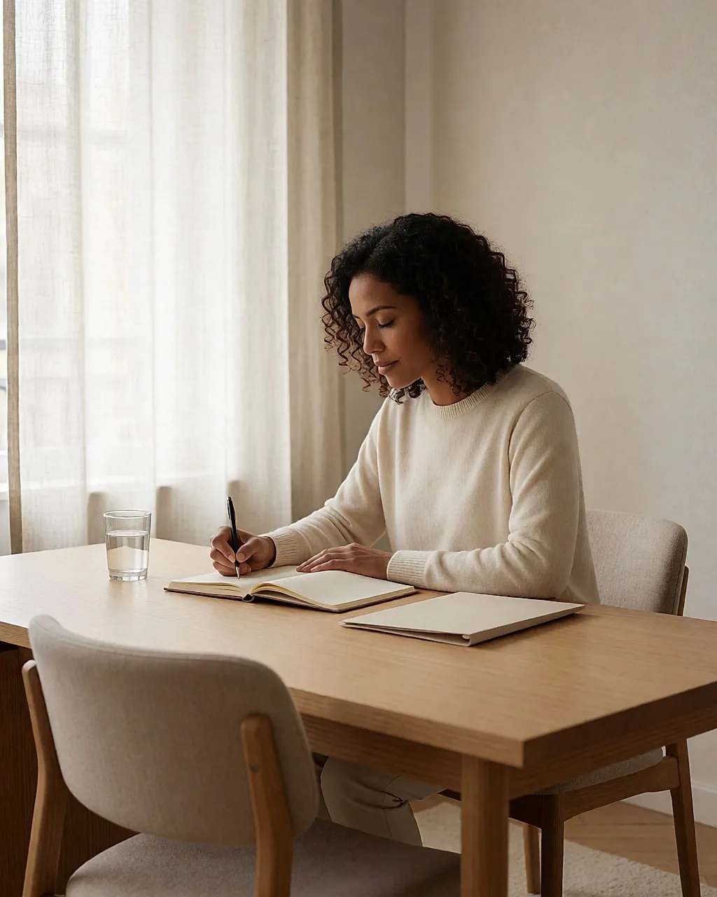 Eine Frau um die dreißig schreibt an einem hellen Schreibtisch, gegenüber ein leerer Stuhl