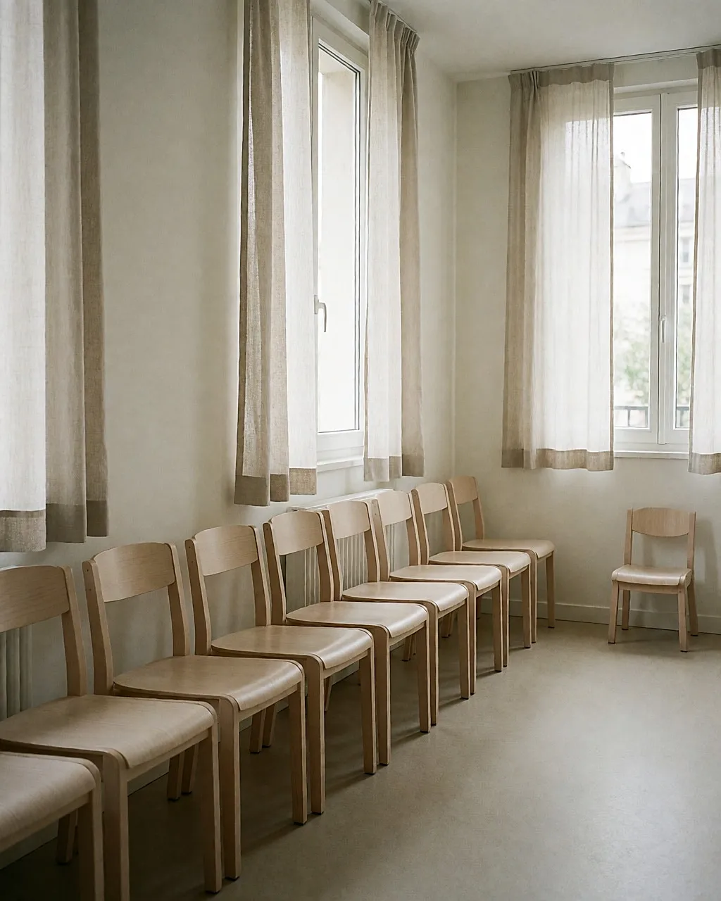 Heller Wartesaal mit einer langen Stuhlreihe und einem einzelnen kleinen Stuhl im Hintergrund