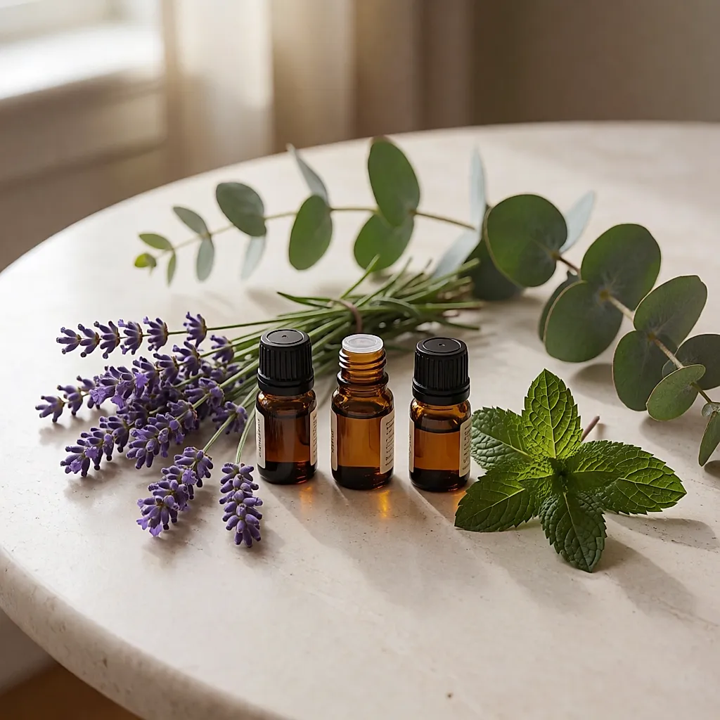 Drei Bernsteinglasfläschchen mit Lavendel, Pfefferminze und Eukalyptus