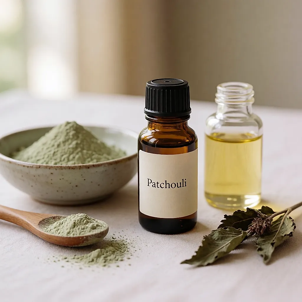 Ein Fläschchen Patchouli-Öl neben Tonerde und Trägeröl