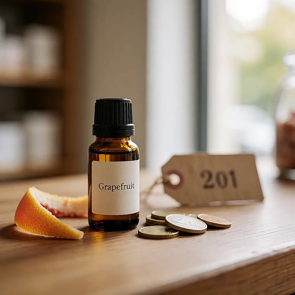 Ein Grapefruit-Öl-Fläschchen auf einer Ladentheke neben Münzen