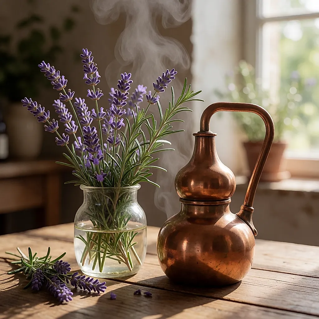 Kupferne Wasserdampfdestille mit frischen Lavendelblüten und Kräutern