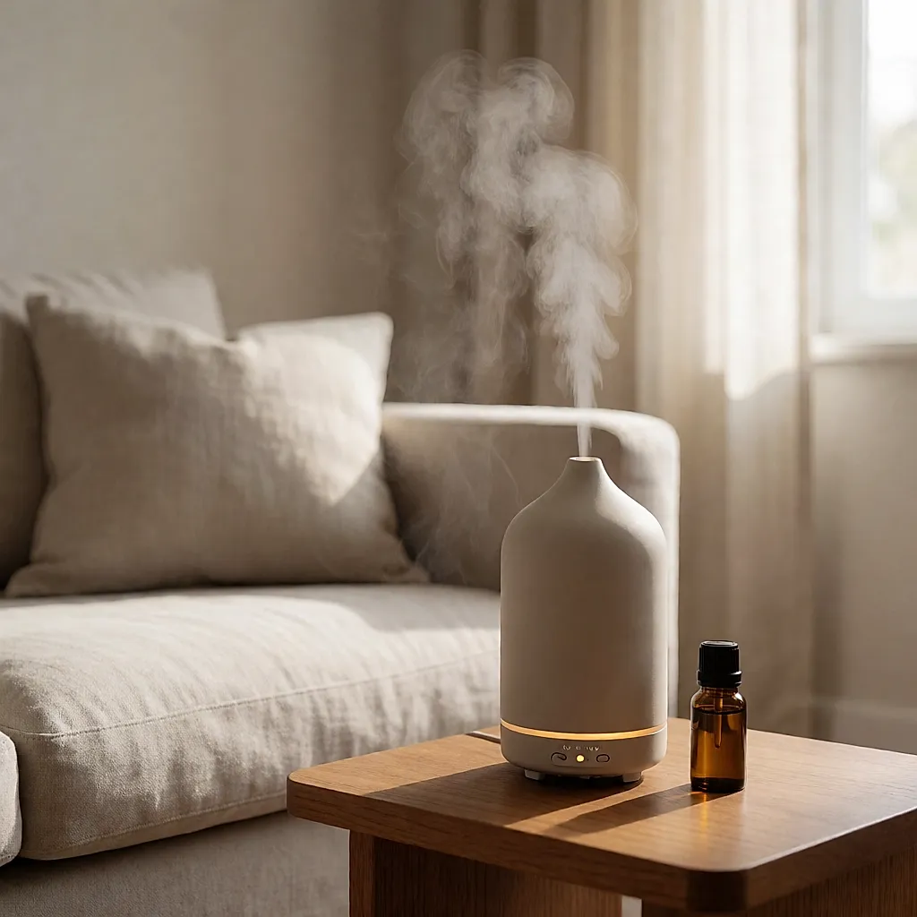 Keramikdiffuser gibt feinen Nebel in einem hellen Wohnzimmer ab