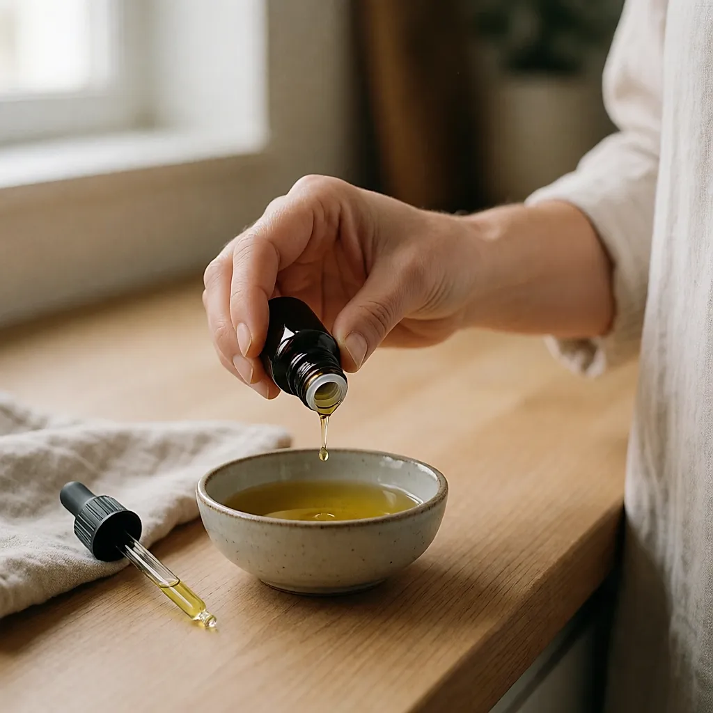 Hand gibt Tropfen ätherisches Öl in eine Schale mit Jojoba-Trägeröl