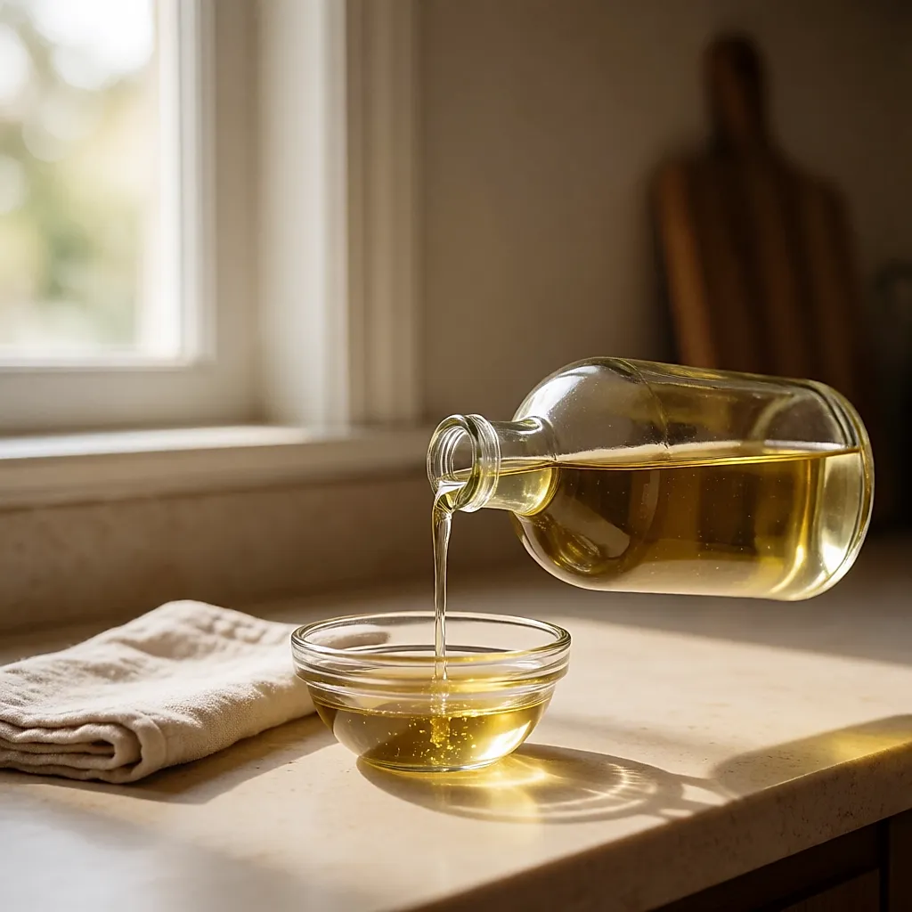 Goldenes Pflanzenöl wird aus einer Glasflasche in eine kleine Schale gegossen