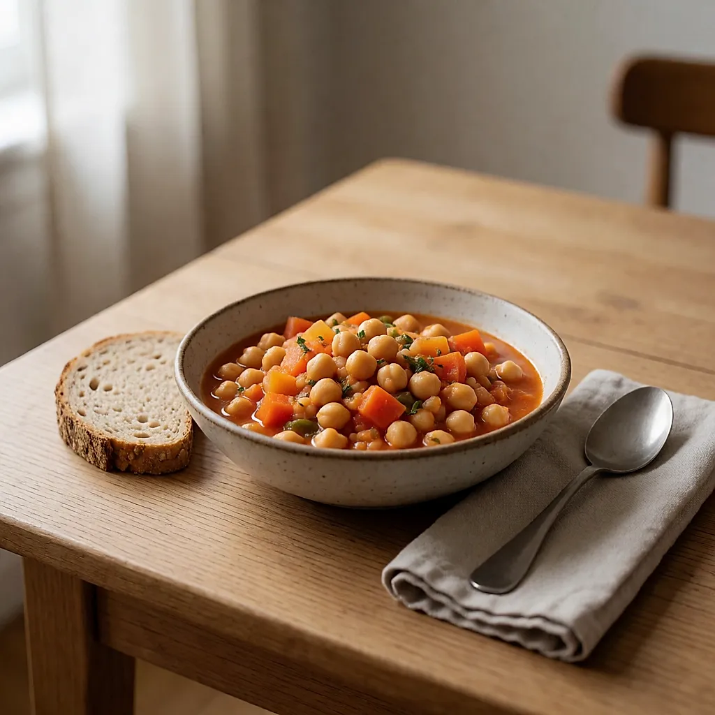 Tigela de guisado de grão-de-bico com legumes e uma fatia de pão integral