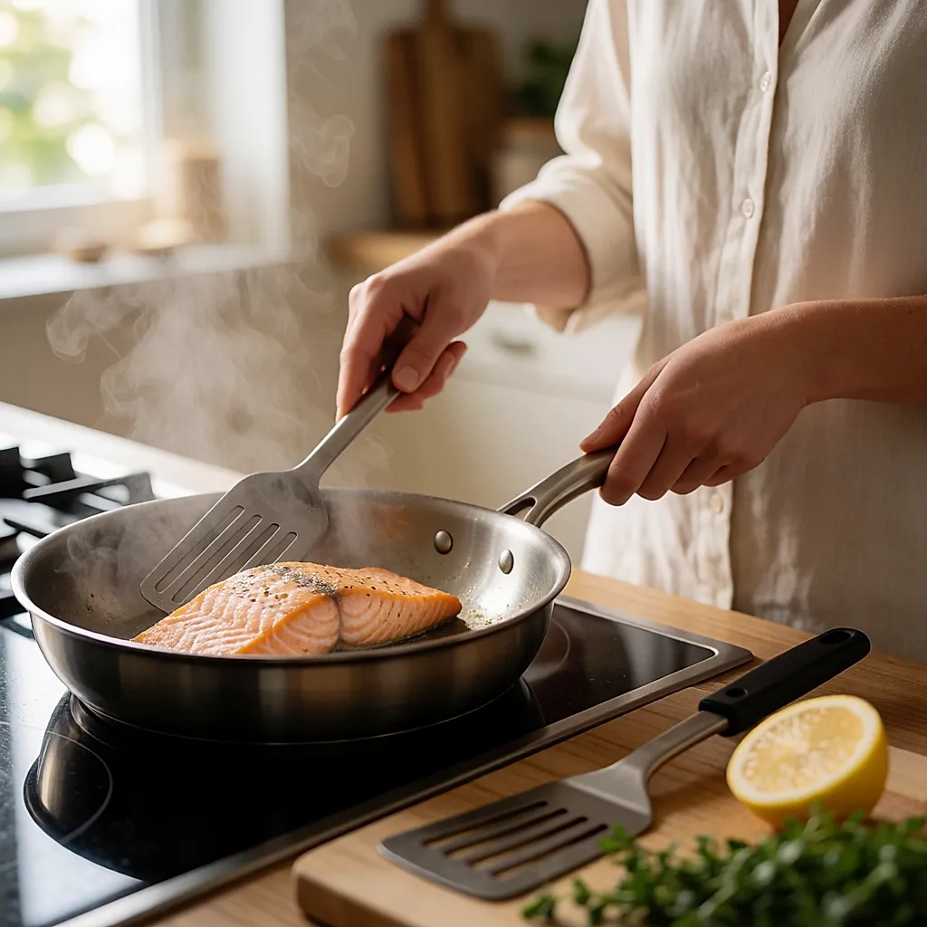 Mãos a verificar um filete de salmão a cozinhar numa frigideira