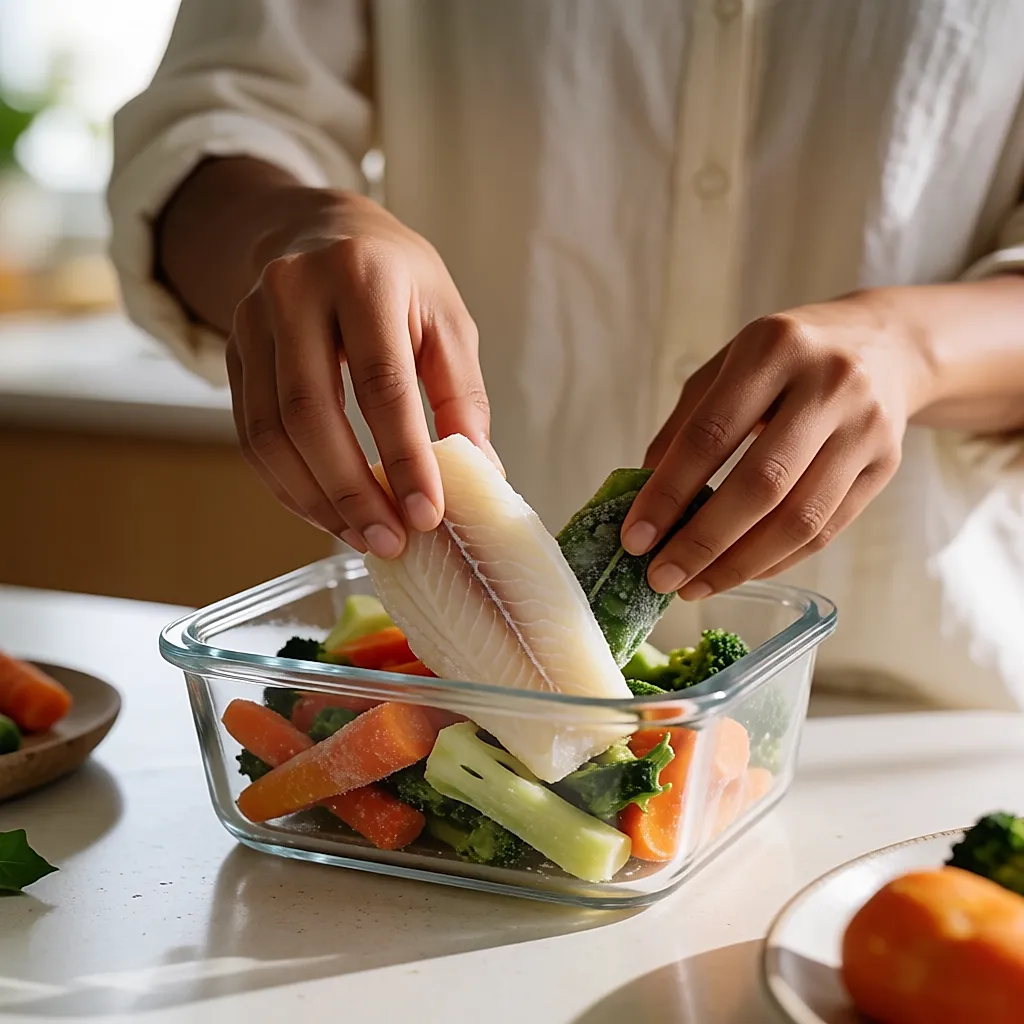 Manos colocando pescado y verduras congeladas en un recipiente de vidrio