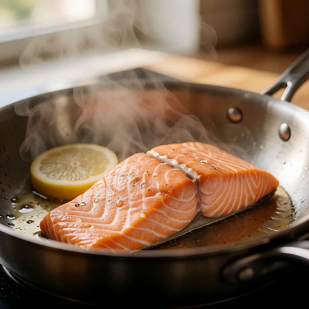 Salmón fresco cocinándose en una sartén con una rodaja de limón