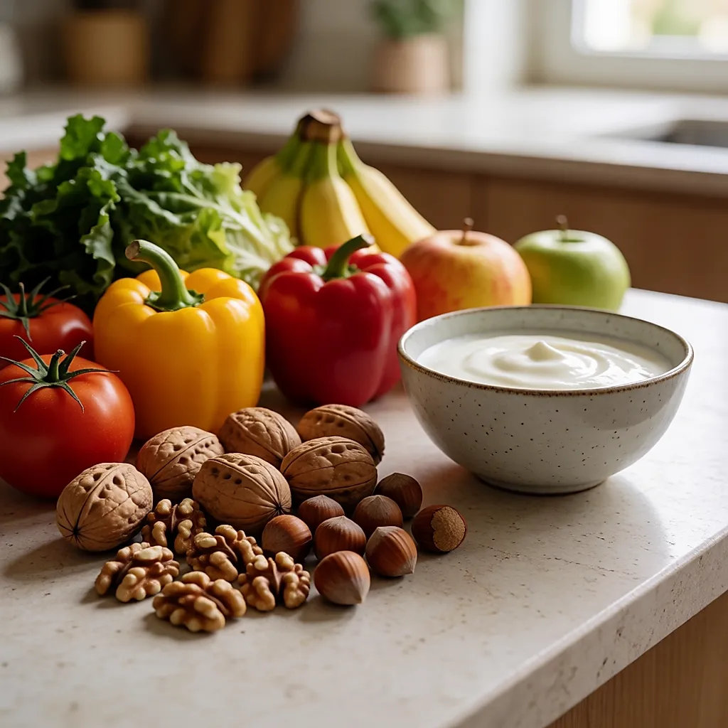 Frutas, verduras, frutos secos y yogur natural sobre una encimera