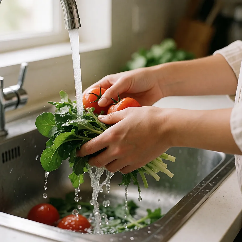 Manos aclarando verduras frescas y tomates bajo el grifo de la cocina