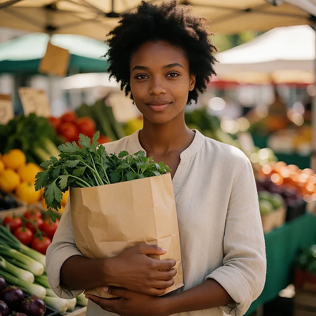 Una mujer joven con una bolsa de verduras frescas en el mercado