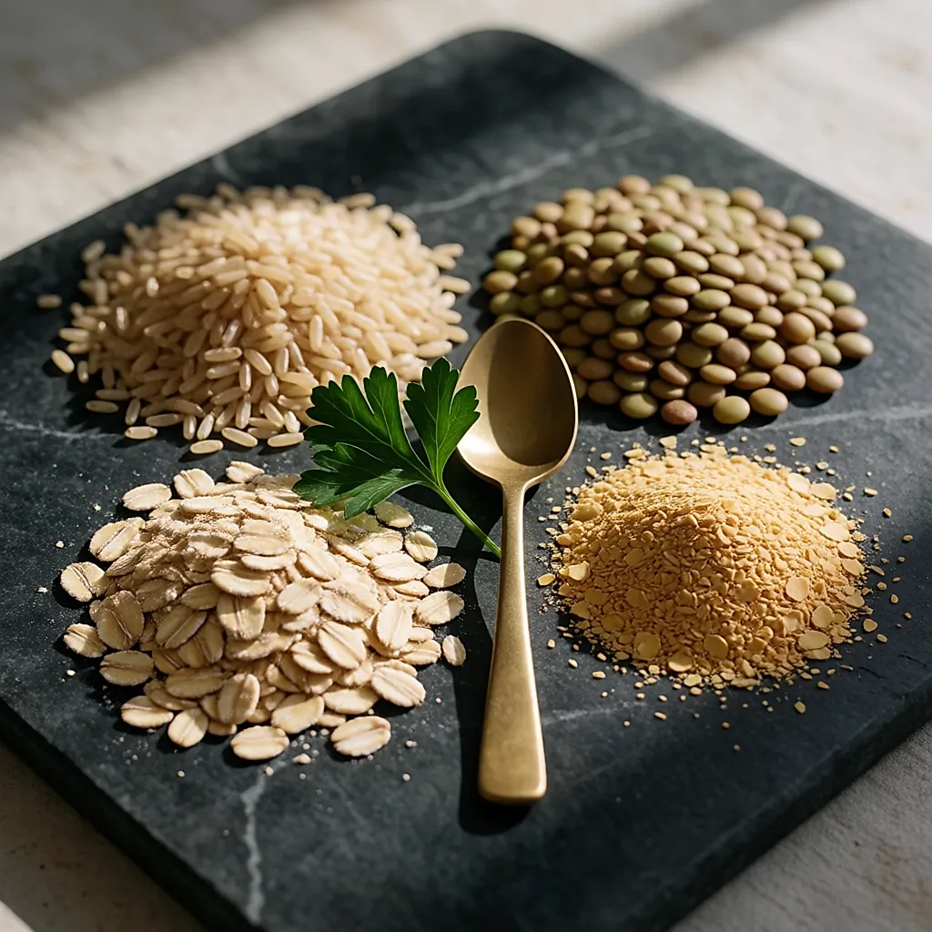 Cereales integrales, legumbres y levadura de cerveza dispuestos sobre una tabla de piedra