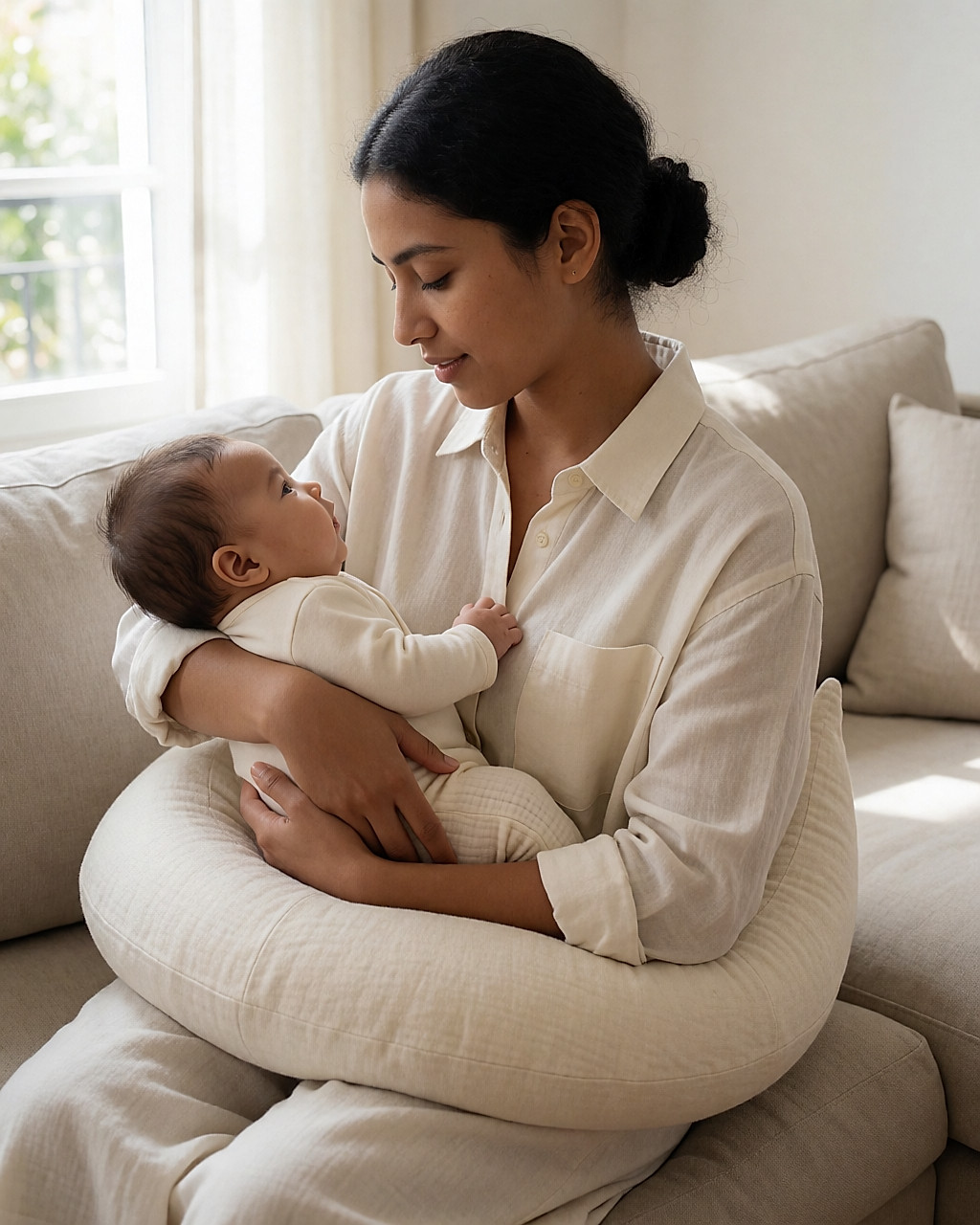Mother sitting on a sofa, baby turning their head towards her finger resting on their cheek