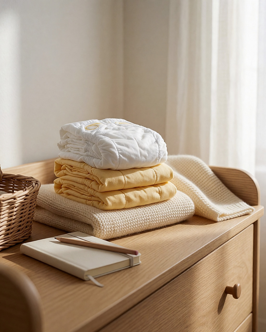 Stack of folded cotton nappies on a changing table, notebook beside them, morning light