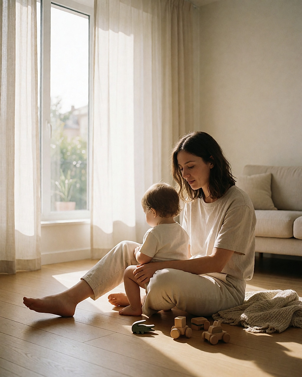 Mère assise au sol avec son enfant d'environ vingt mois sur les genoux, dans un salon clair