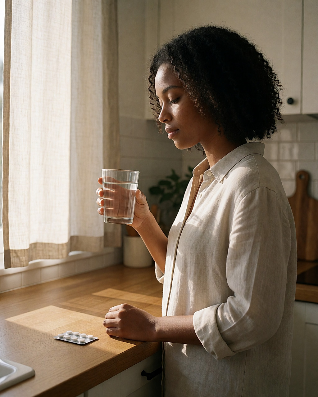 Jeune femme tenant un verre d'eau près d'une plaquette de médicaments dans une cuisine ensoleillée