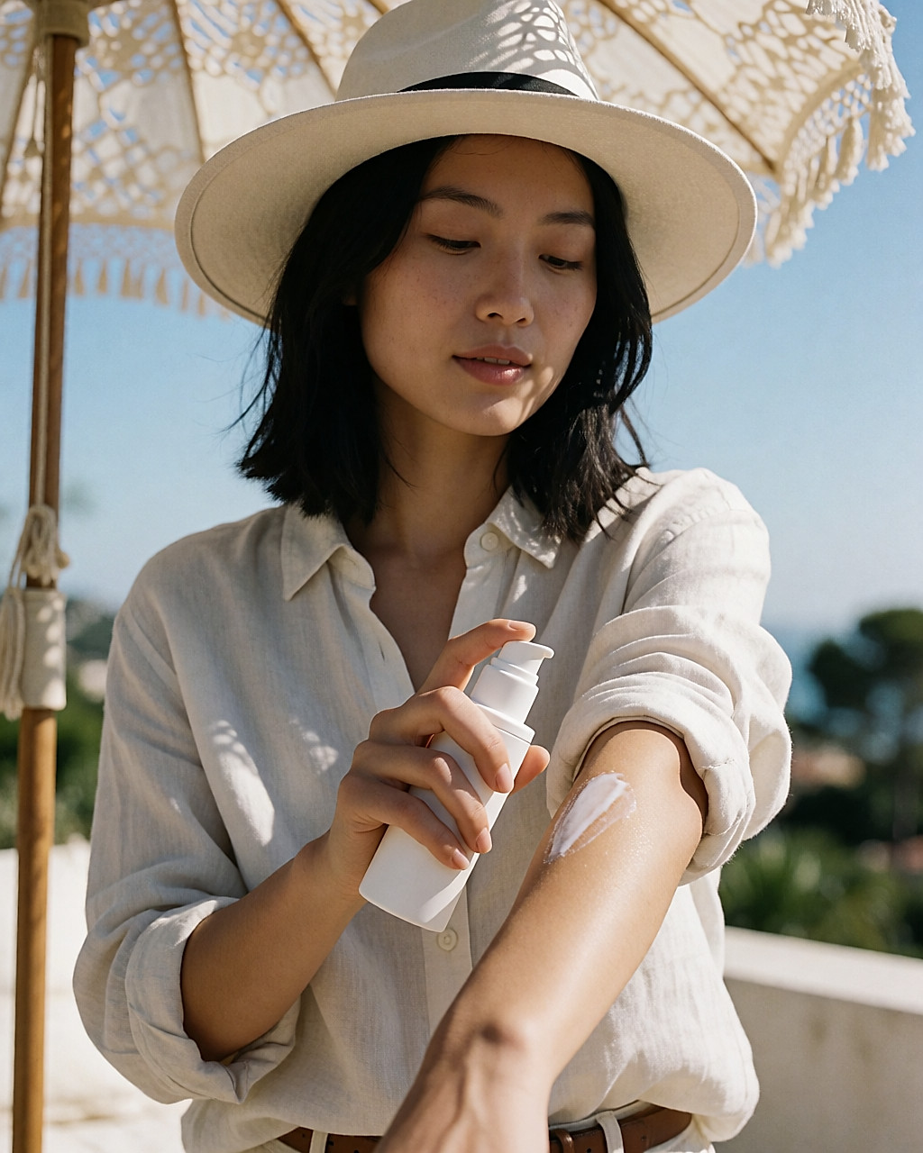 Femme coiffée d'un chapeau à larges bords appliquant une crème solaire SPF 50 sur son avant-bras