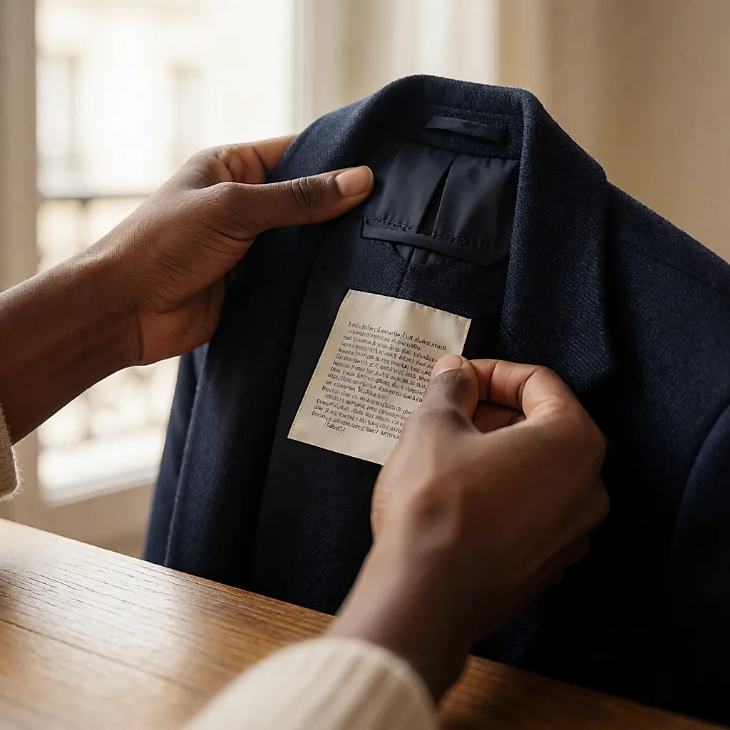 Mains soulevant l'étiquette de composition d'une veste en laine près d'une fenêtre