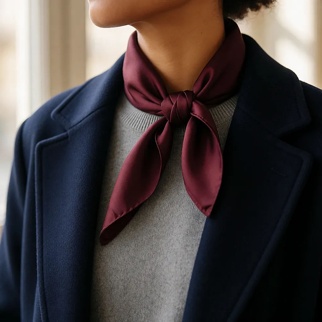 Foulard en soie noué au col d'une maille fine, sous un revers de manteau