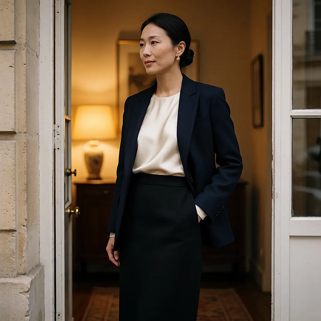 Jupe droite taille haute et haut en soie sous une veste, avant de sortir